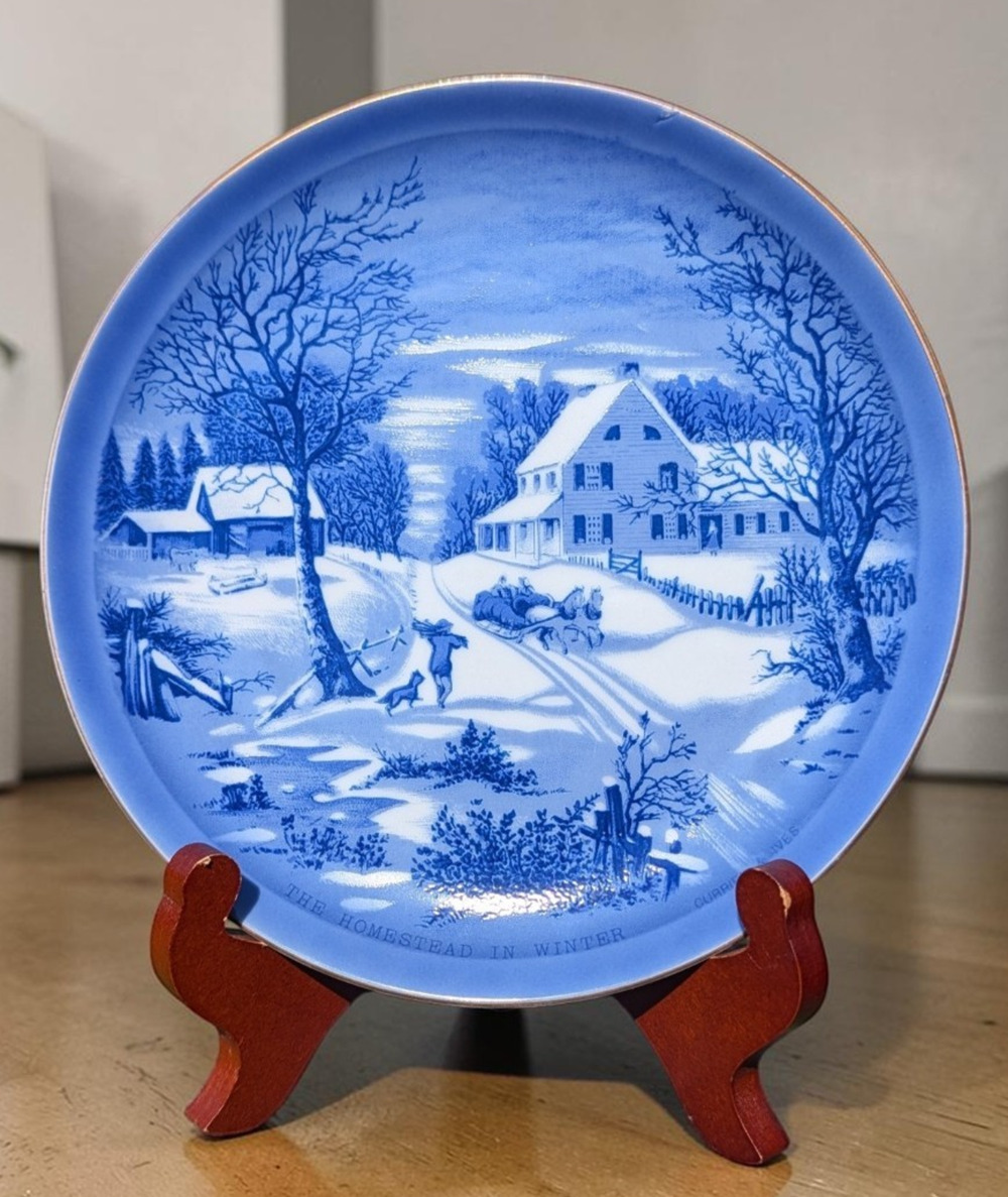 Currier & Ives The Old Homestead in Winter Blue Snow Collectible Plate Japan